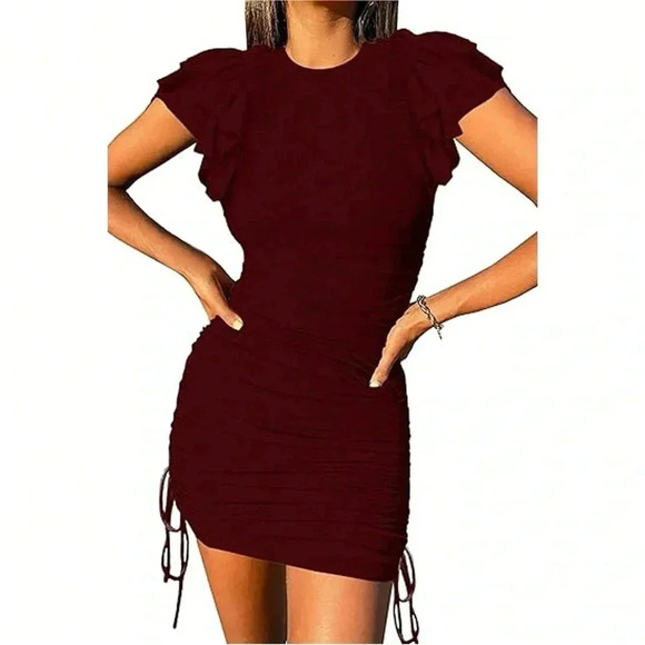 Womens Ruffle Short Sleeve Mini Ruched Drawstring Ribbed Summer wine size S/M - Picture 1 of 2